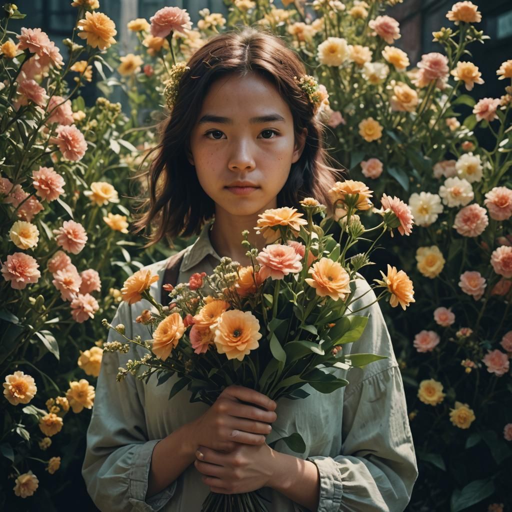 Girl with Blooming Bouquet: Cinematic Film Still