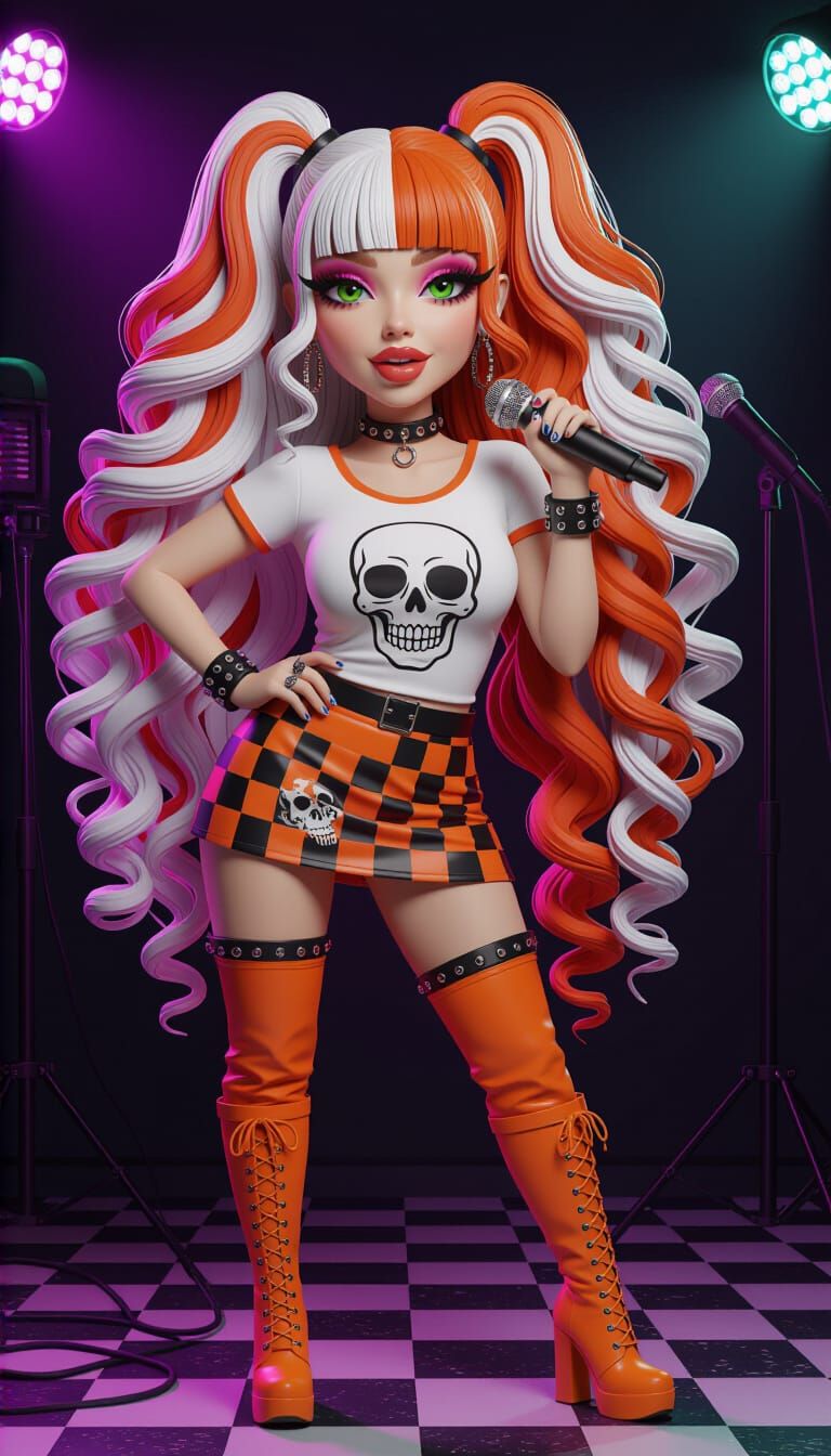 Curvy Emo Woman Singing on Stage in Psychedelic Style