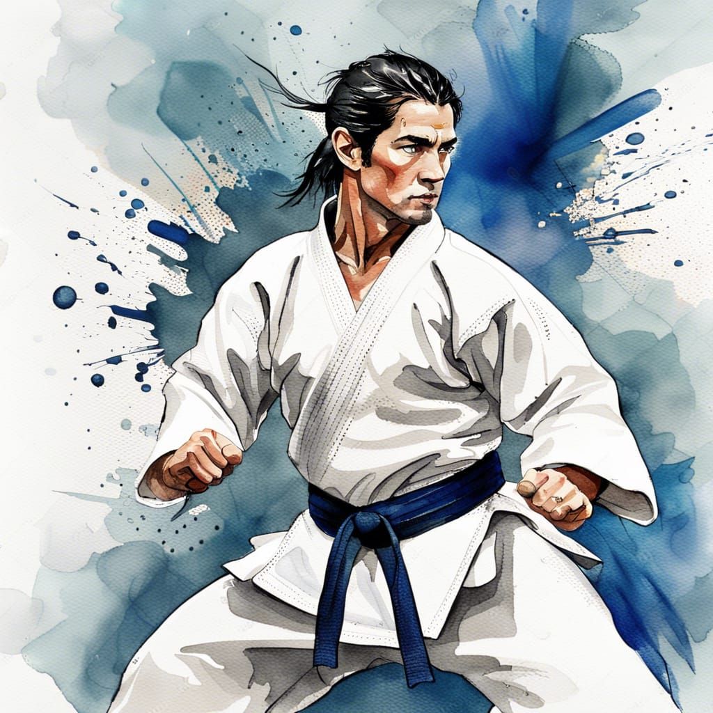 Watercolor Karate Fighter with High Kick