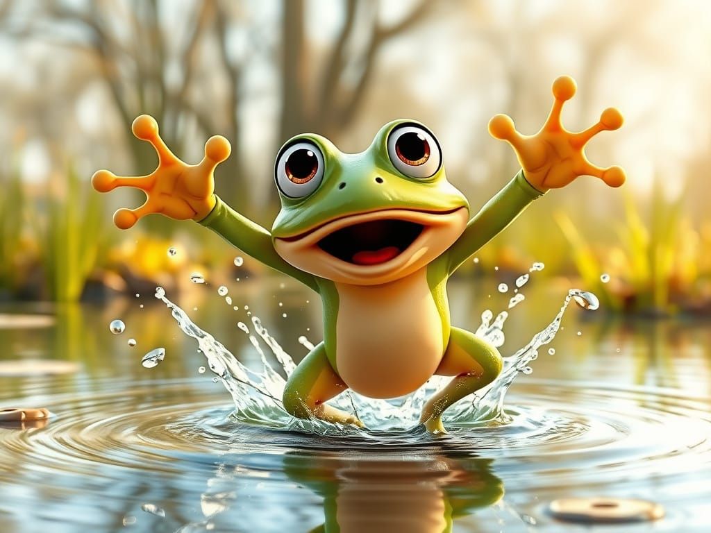 Cartoon Frog Leaps from Pond in Shock