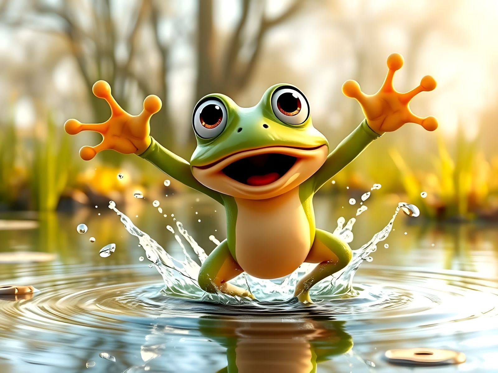 Cartoon Frog Leaping From Pond in Shock