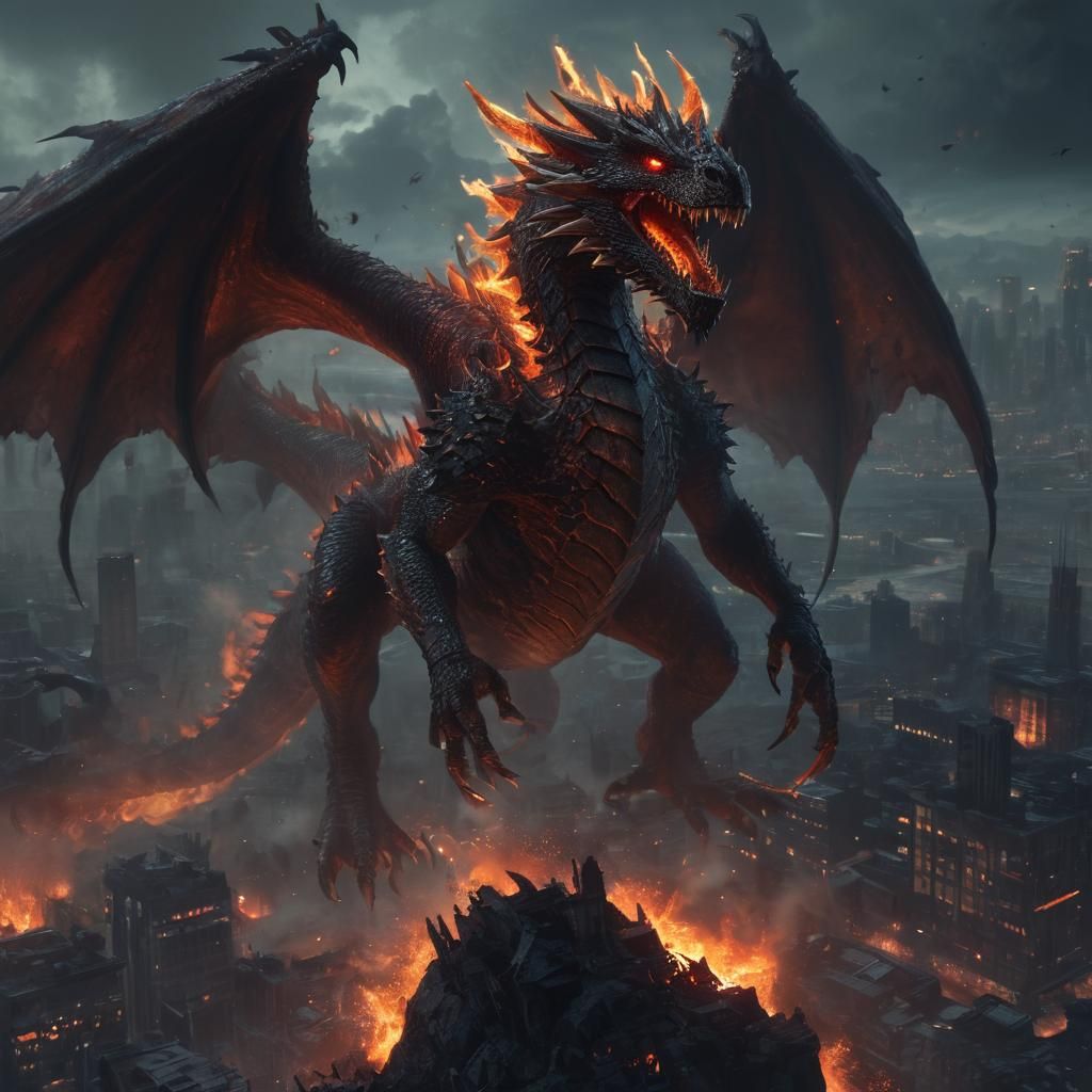 Furious Dragon in Flames and Destruction