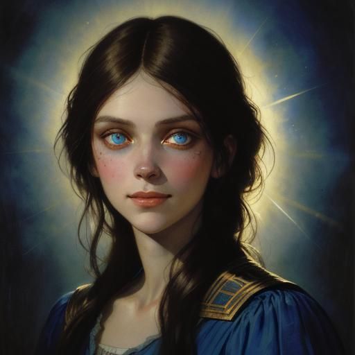 Brunette Woman Portrait with Blue Eyes and Backlight