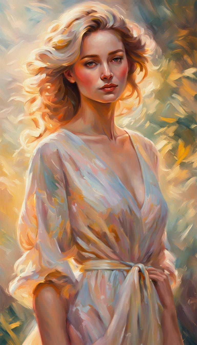 Impressionist Oil Painting of Woman in Golden Light