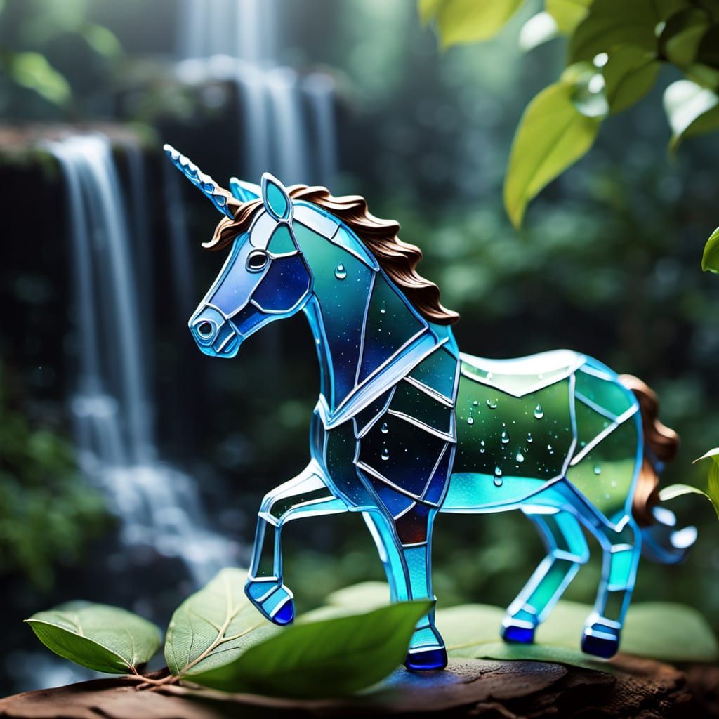 Stained Glass Unicorn Amidst Misty Waterfall