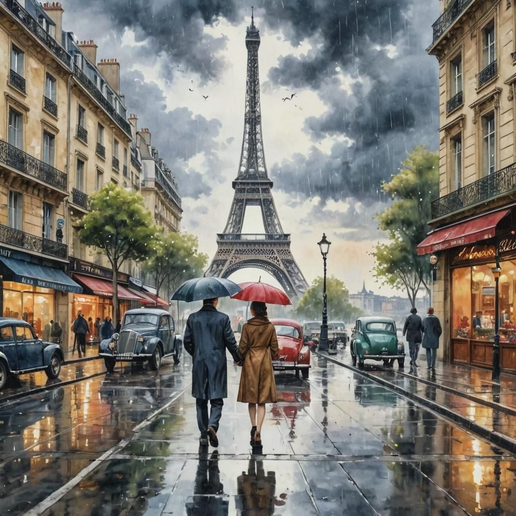 Parisian Couple in Rainy Cityscape: Surreal Watercolor