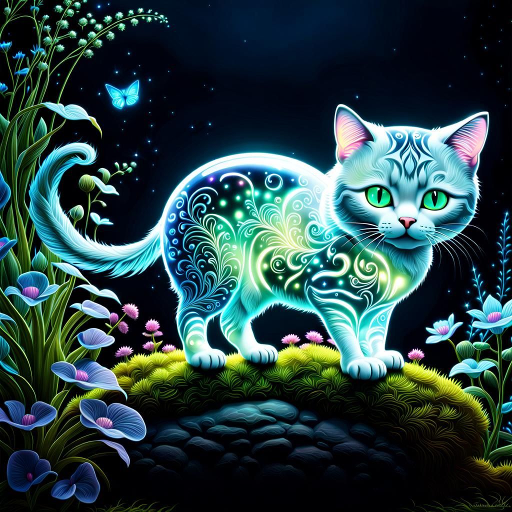 Bioluminescent Glass Cat in Starry Night