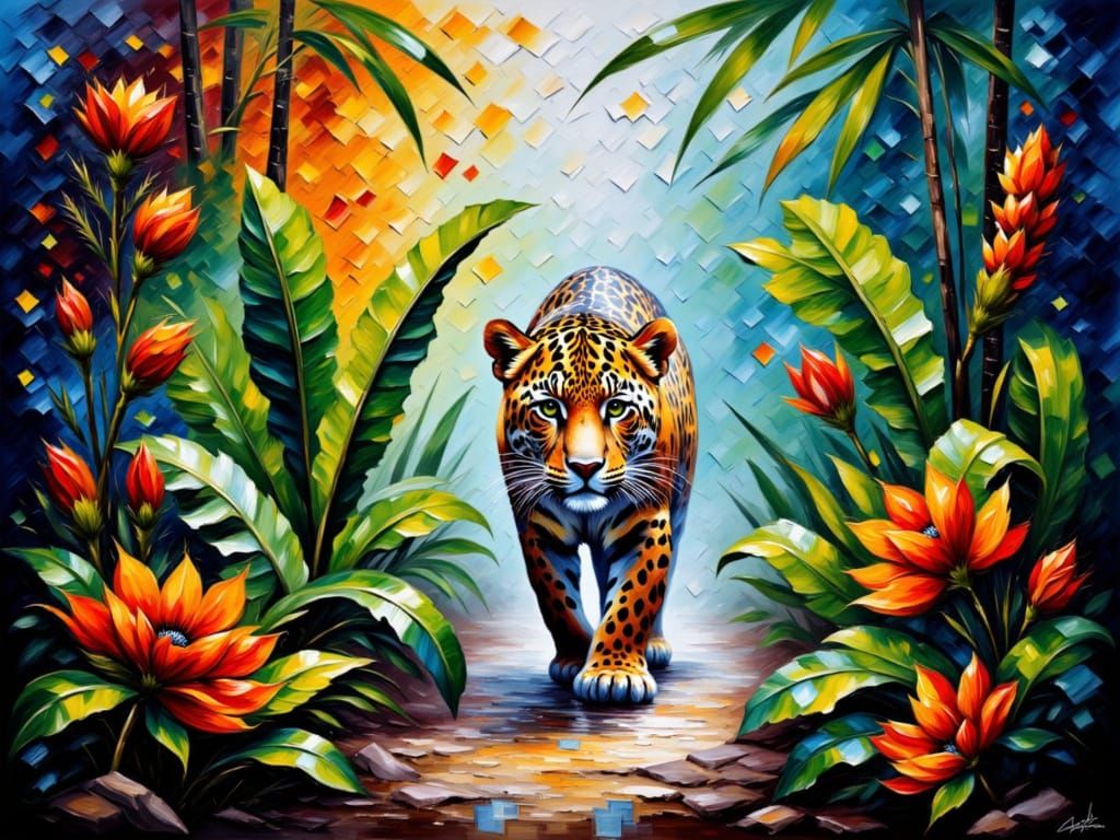 Jaguar in a Colorful Rainforest as Impasto Painting