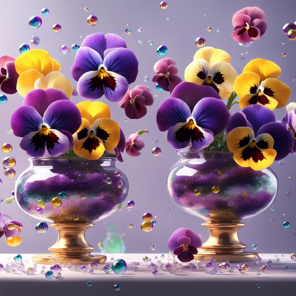 Ornate Vases with Pansies and Bubbles in 3D Anime Art