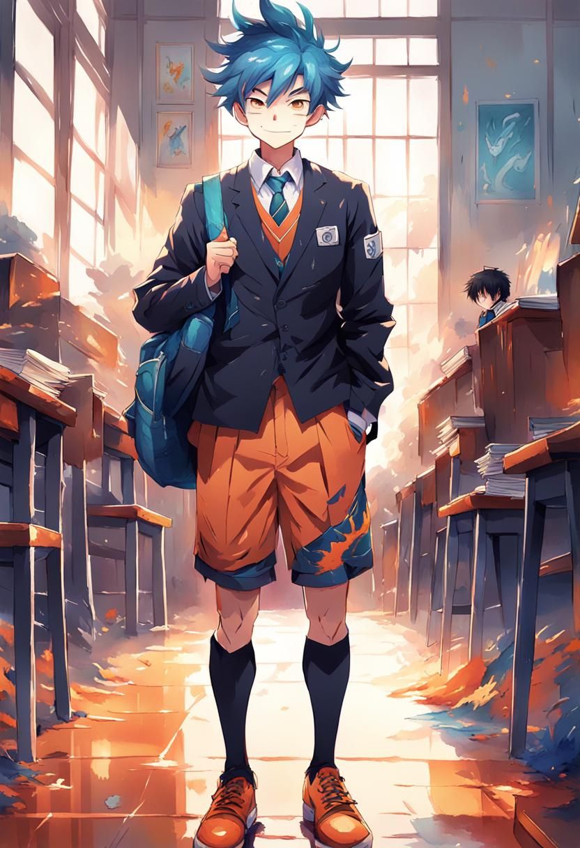 Boy and Dragon at School Desk, Anime Style