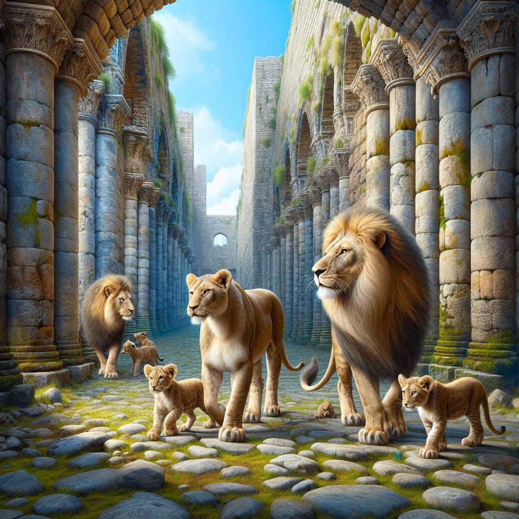 Lions Roam Ancient City Under Azure Sky