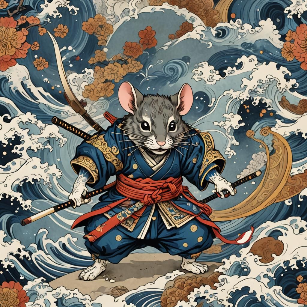 Mouse Warrior in Style of Hokusai Illustration