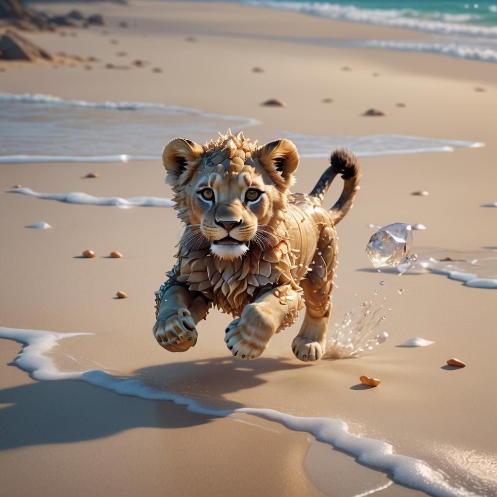 Energetic Lion Cub on Beach: 3D Digital Art