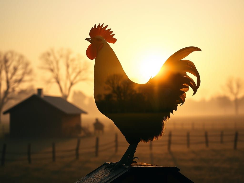 Rural Morning Sunrise with Cockerel Silhouette in Double Exp...