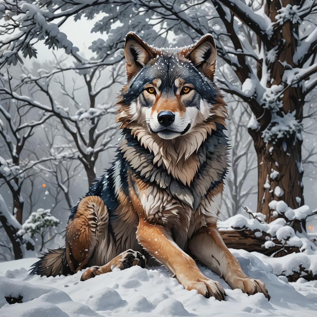 Anime Wolf in Snowy Winter Scene