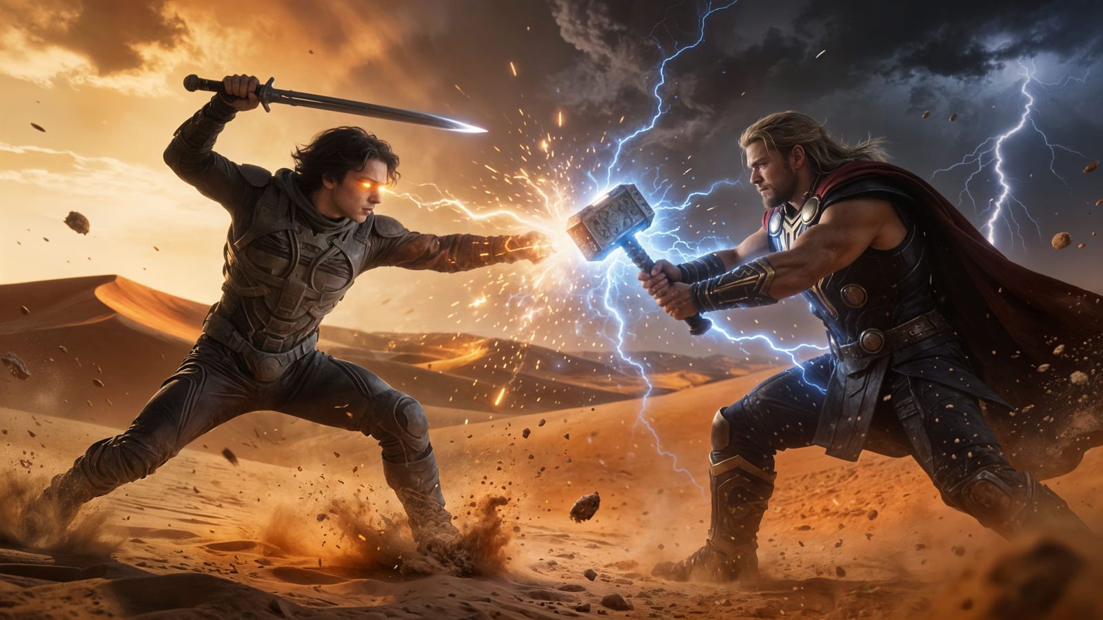 Epic Dune vs. Thor Battle on Arrakis at Dusk