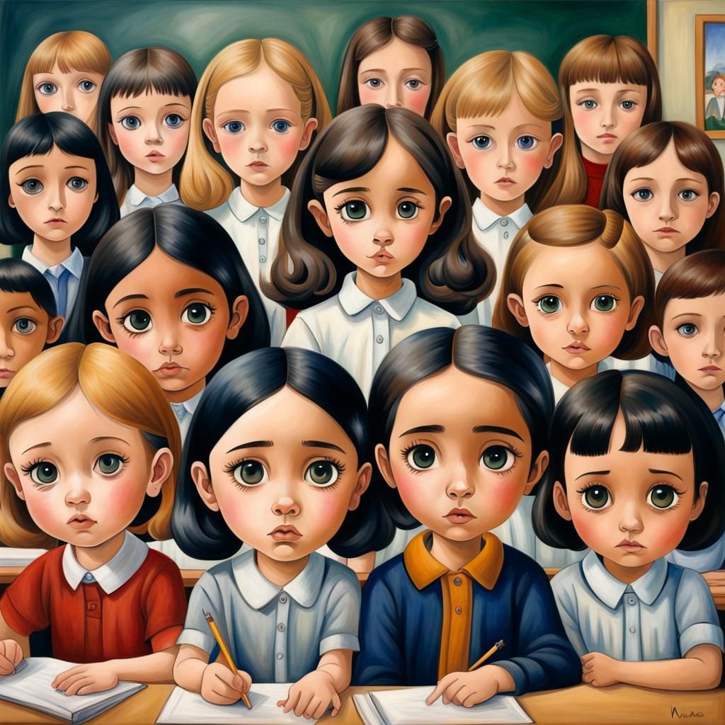 Classroom Scene in Big-Eyed Art Style