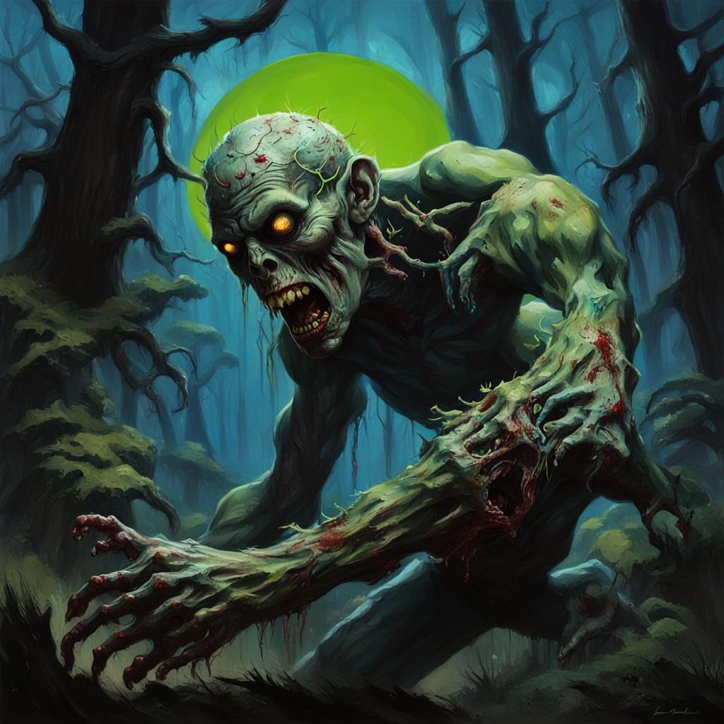 Grotesque Zombie Ripping Flesh in Dark Forest