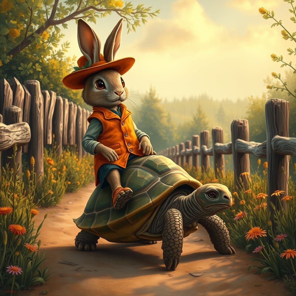 Hobo Rabbit Rides Turtle on Country Road