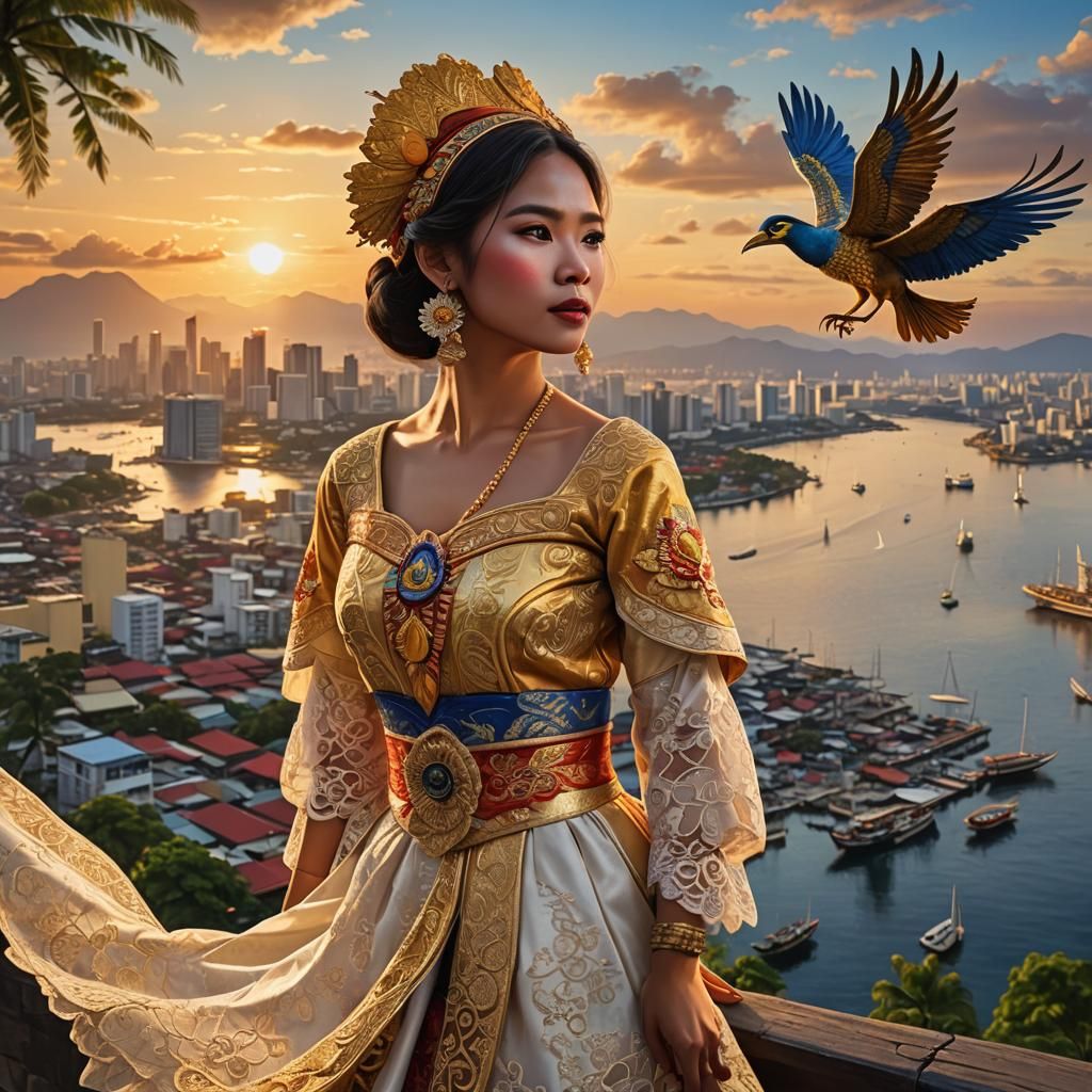 Filipina Woman at Manila Bay Sunset, Digital Art