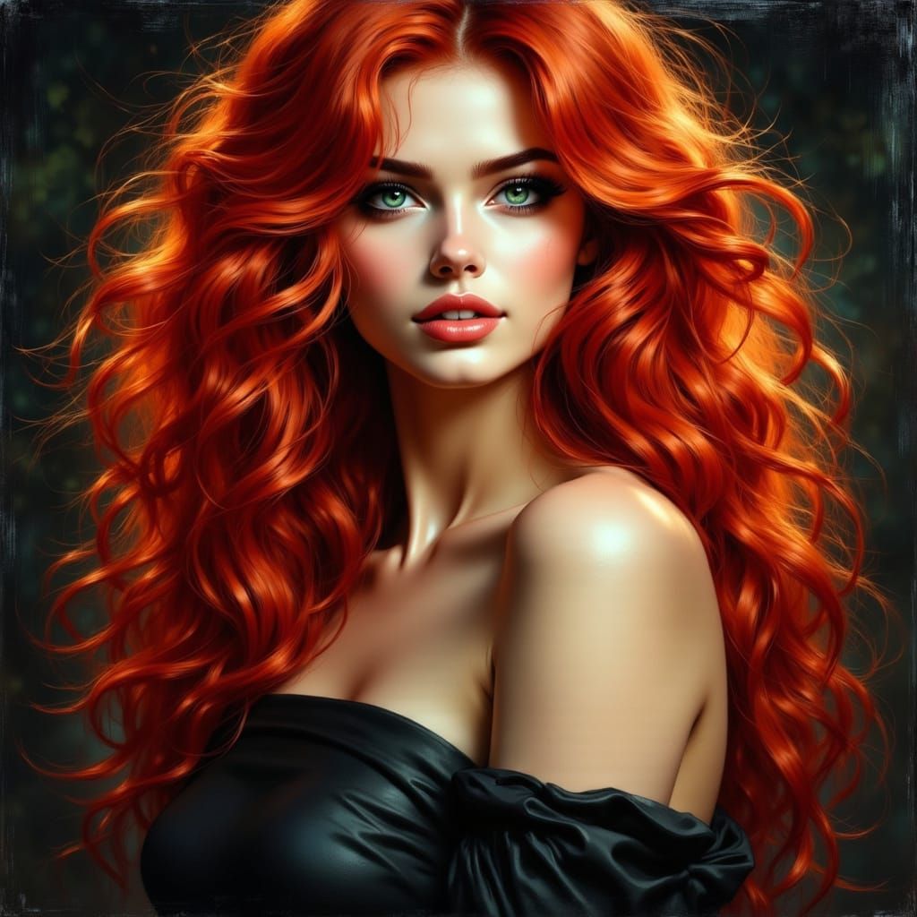 Dramatic Portrait of a Woman with Fiery Hair and Emerald Eye...