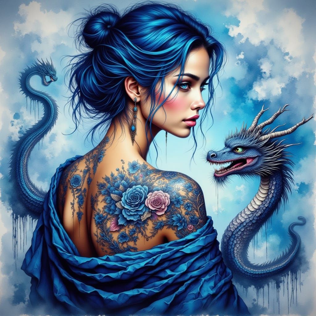 Ink Illustration of Woman with Dragon Tattoos