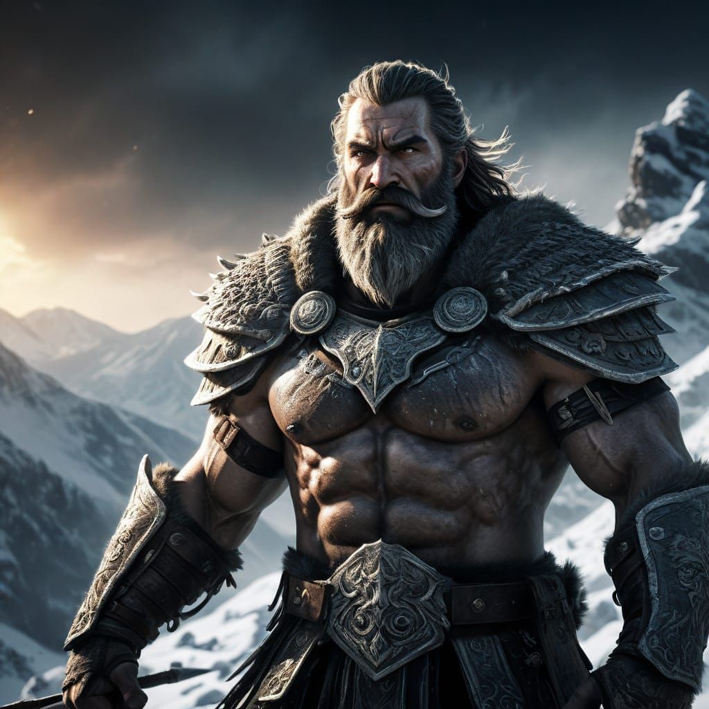Epic Warrior with Bushy Beard in Snowy Mountains