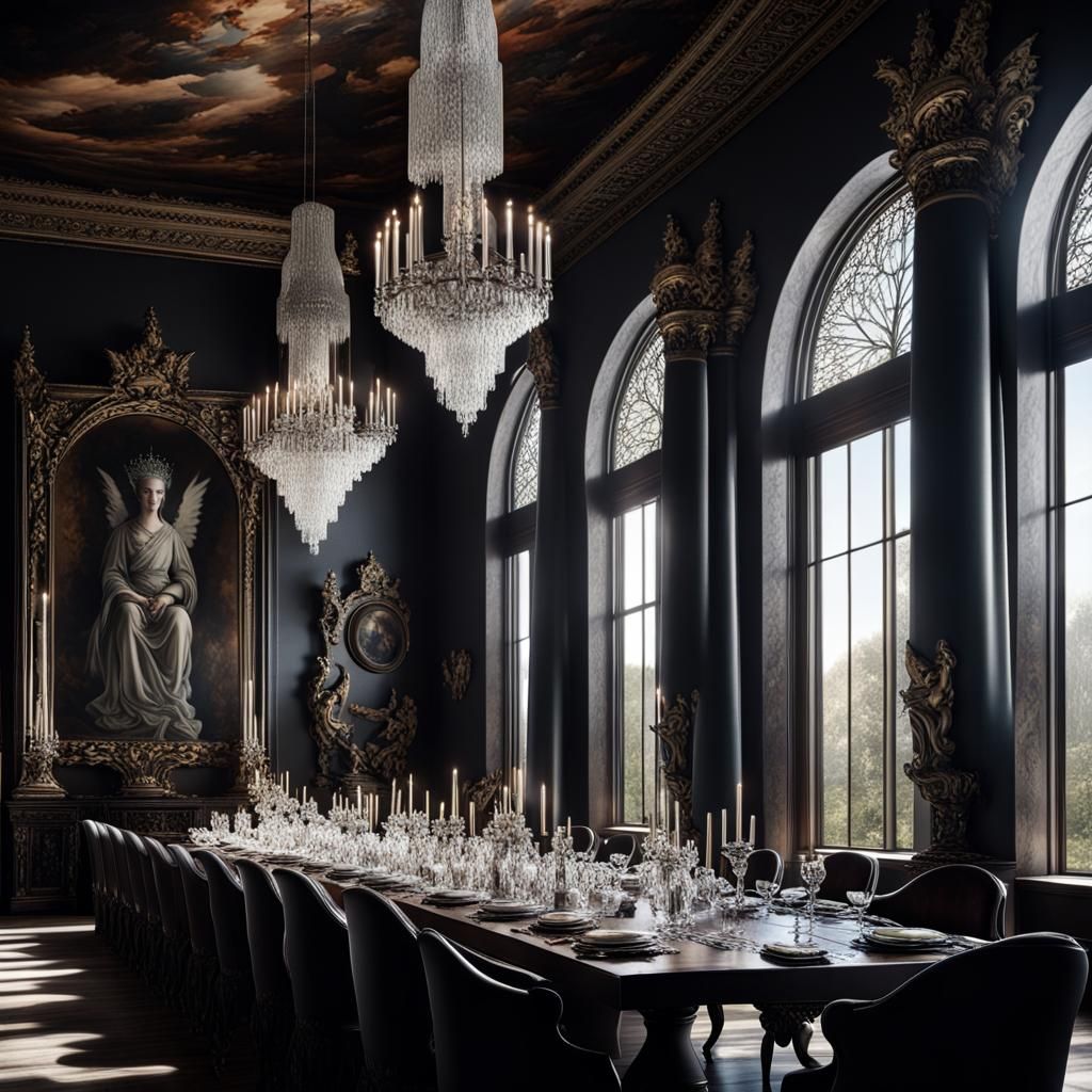 Gothic Dining Room with Marble Columns and Gargoyles