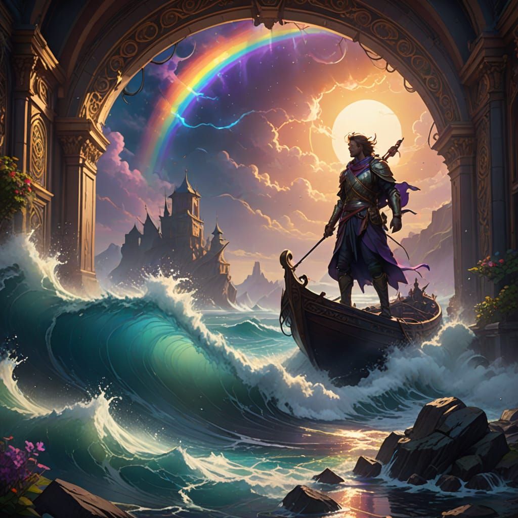 Vibrant Rainbow Arcs Over Turbulent Sea in Dark Fantasy Styl...
