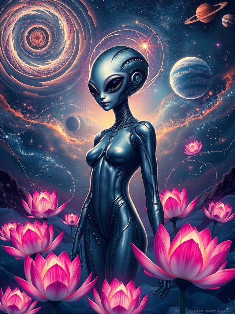 Elegant Biomechanical Alien Among Glowing Lotus Flowers