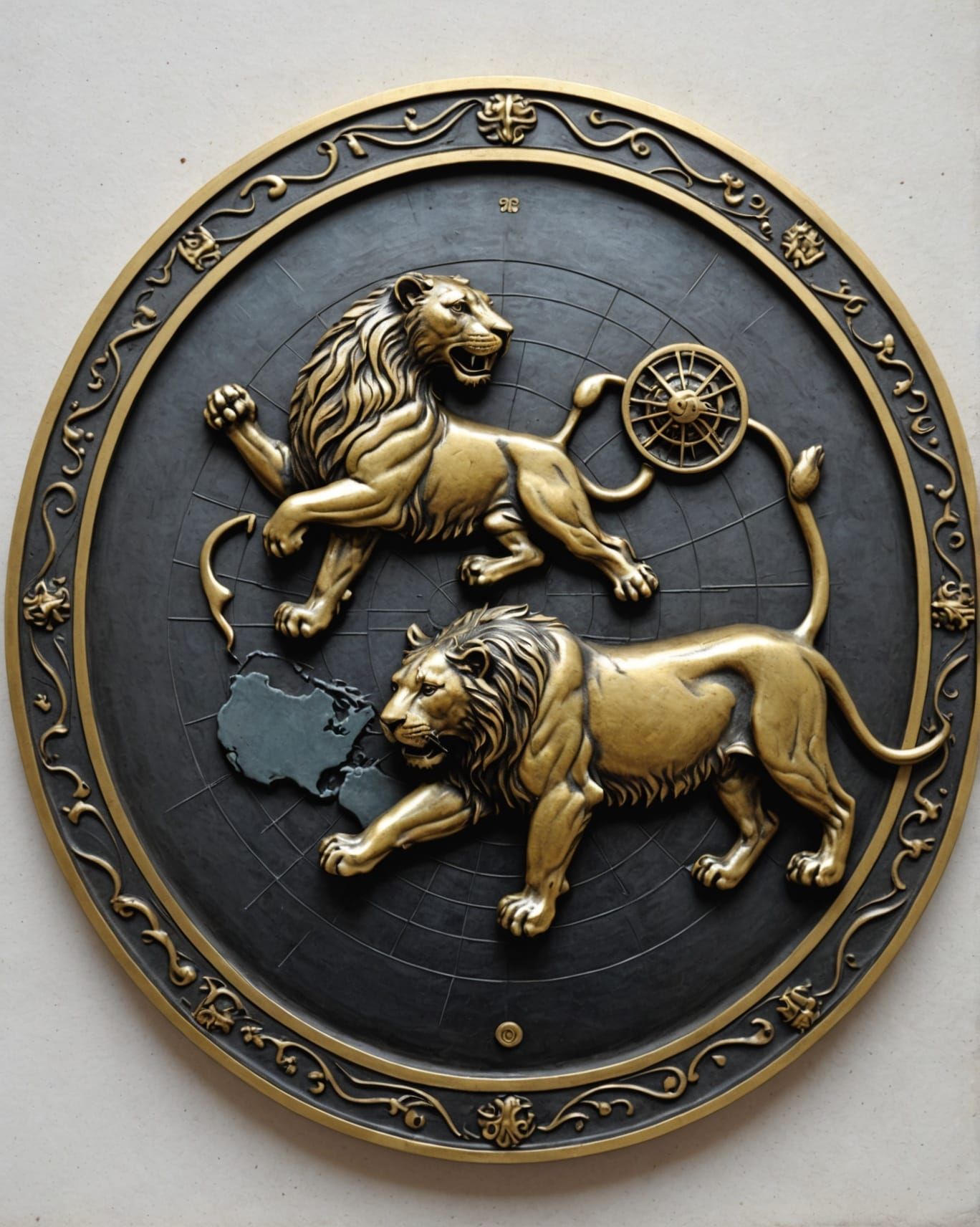 Embossed Brass World Map with Resting Lioness
