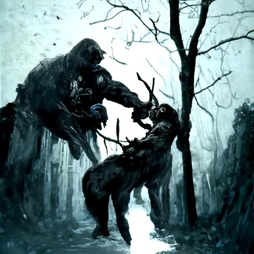 Bear vs wendigo in a forest