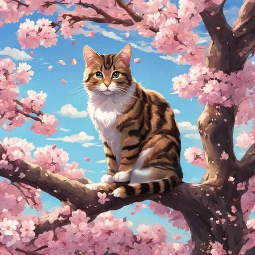 Tabby Cat in Cherry Blossom Tree