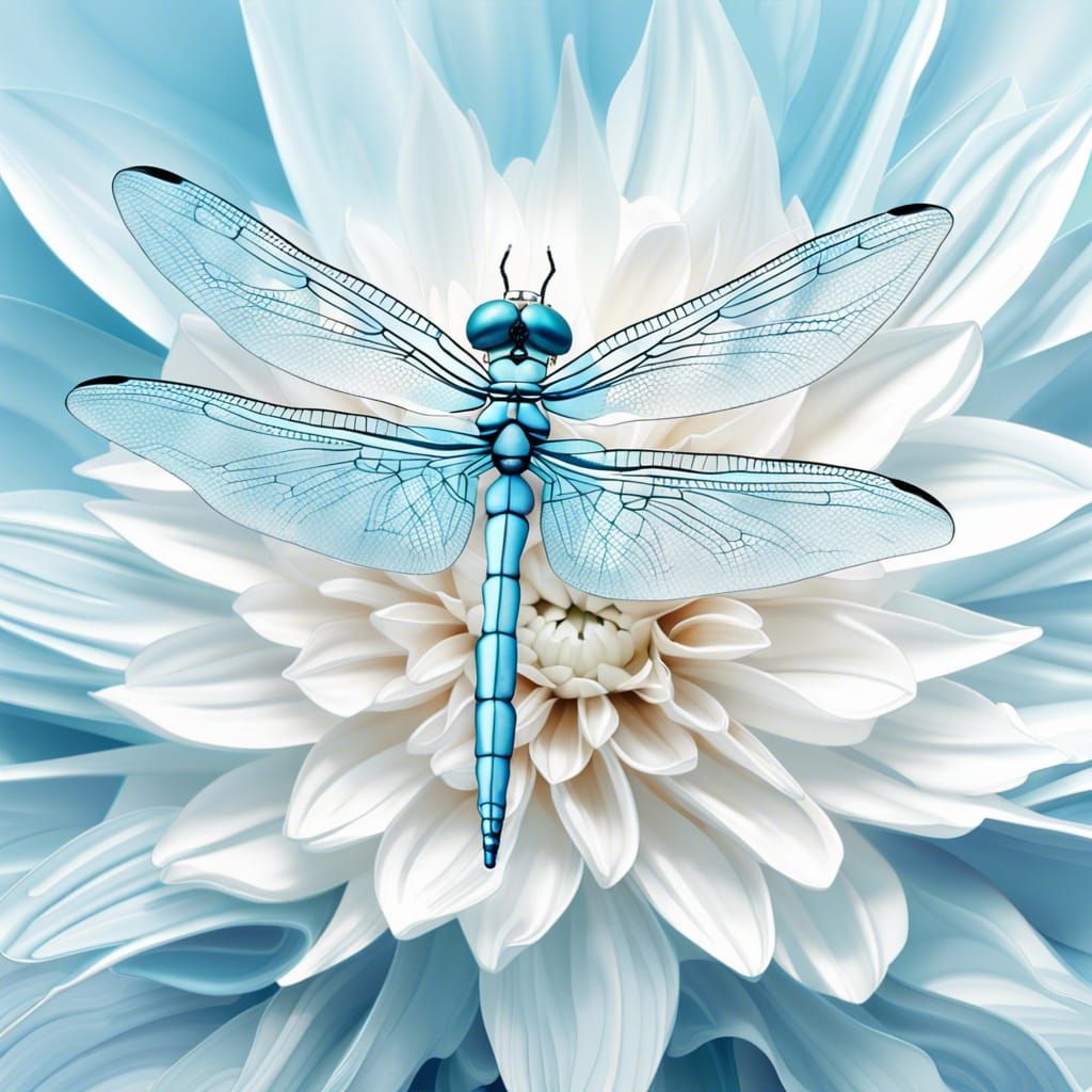 Albino Dragonfly Over Giant Dahlias in Photorealistic Style