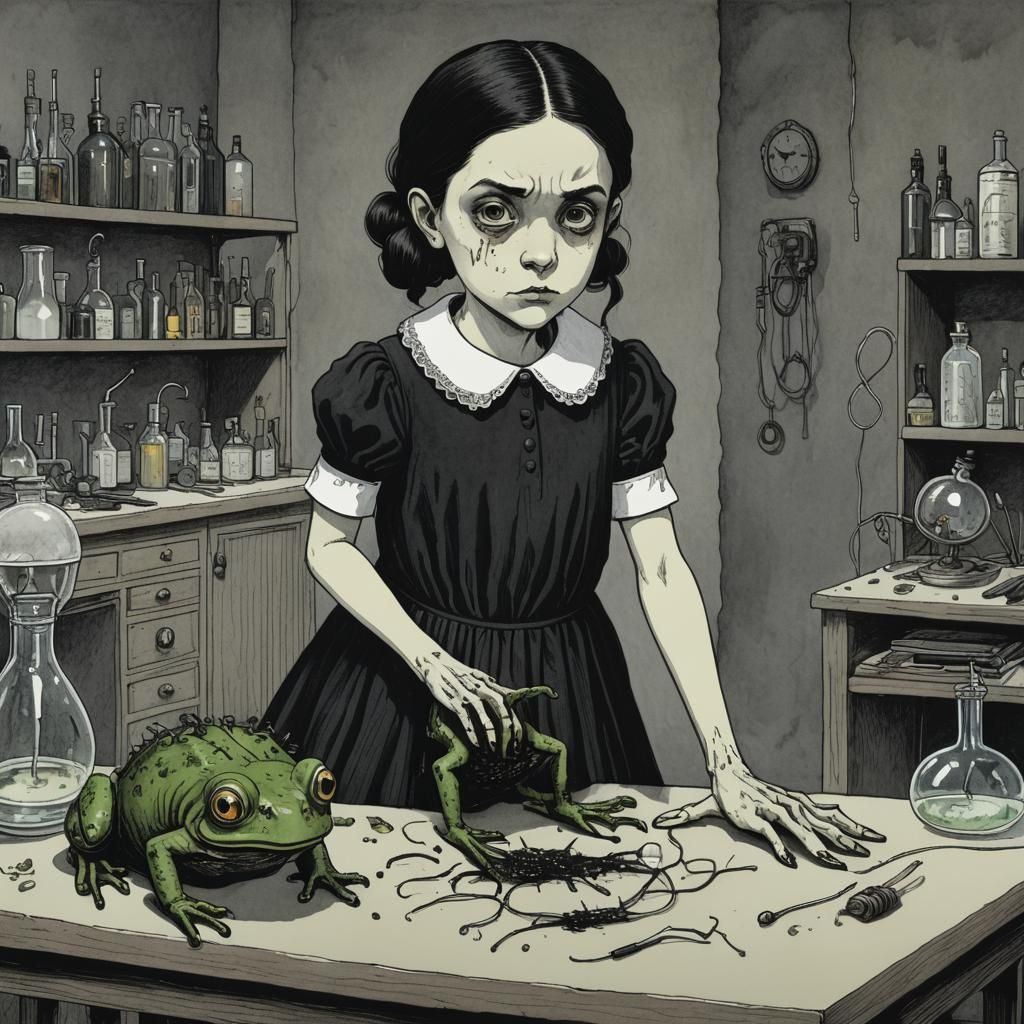 Girl Electrocutes Zombie Frog in Gorey Art Style