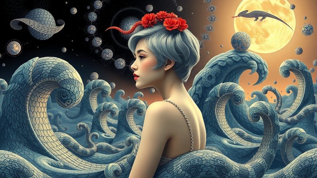 Woman with Snake in Fractal Landscape