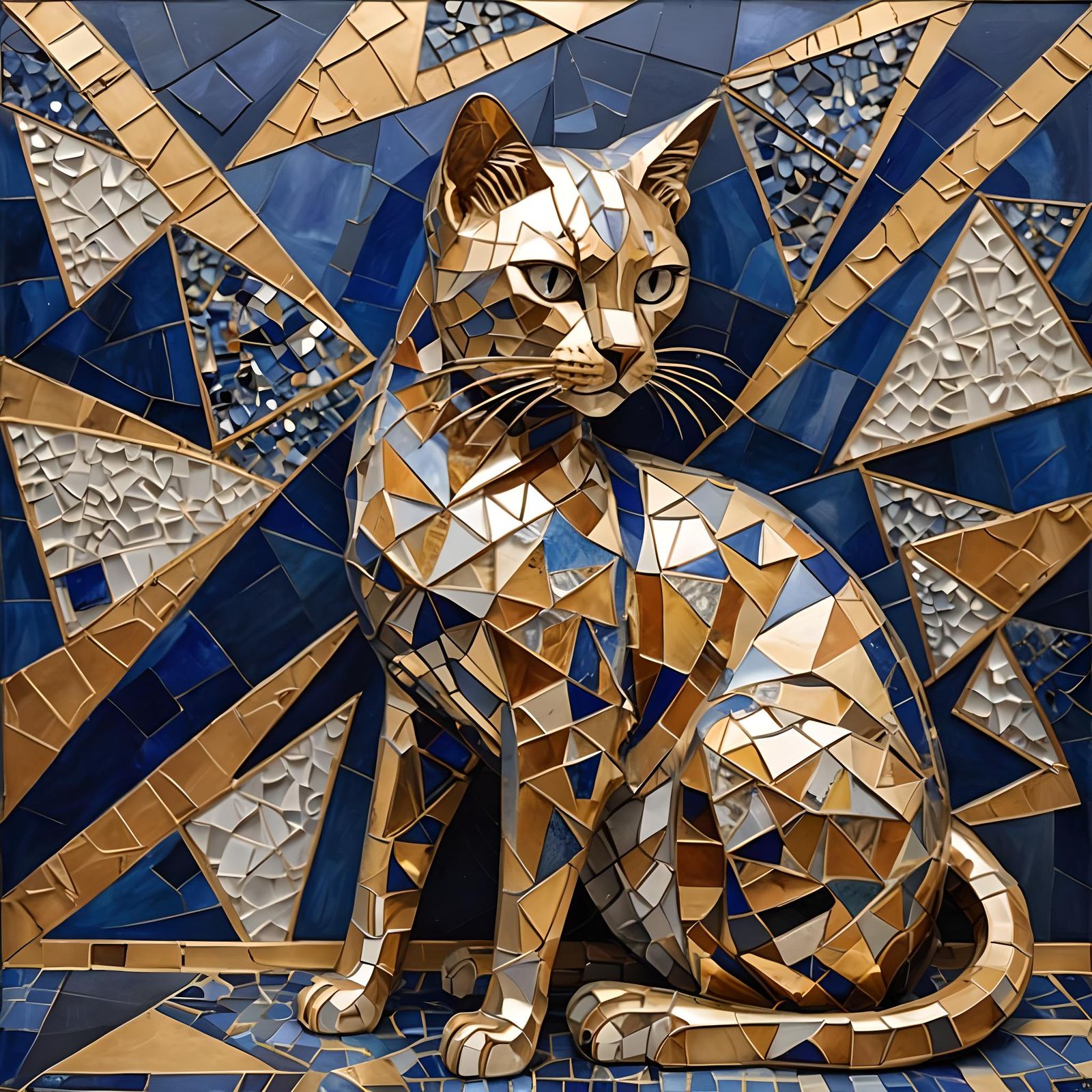 Cubist Cat in Gold, Silver, and Copper