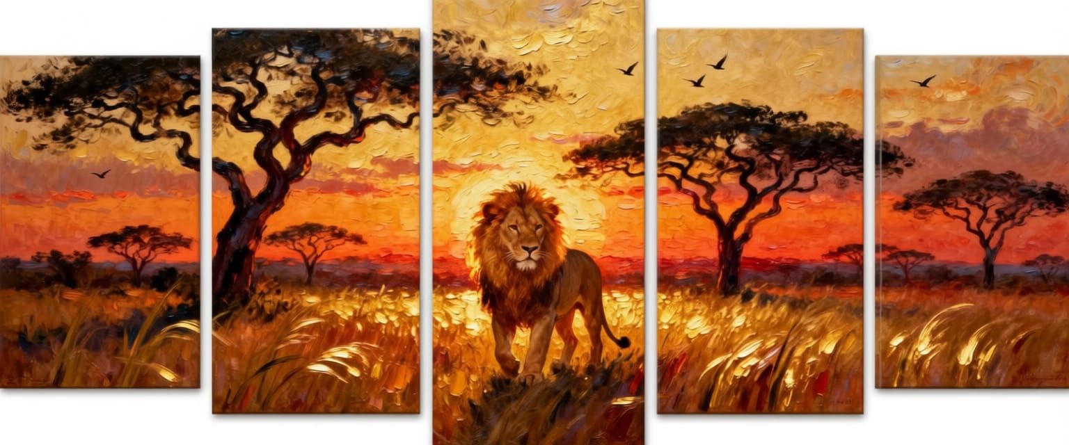 African Savanna Sunset Lion Mural in Expressive Oil Style