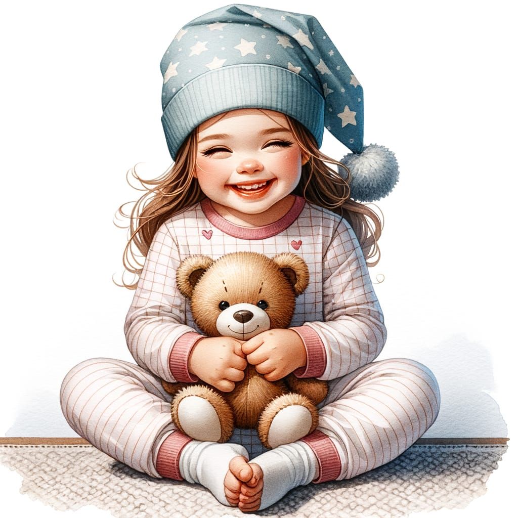 Cheerful Girl in Pajamas with Plush Toy, Watercolor Digital ...