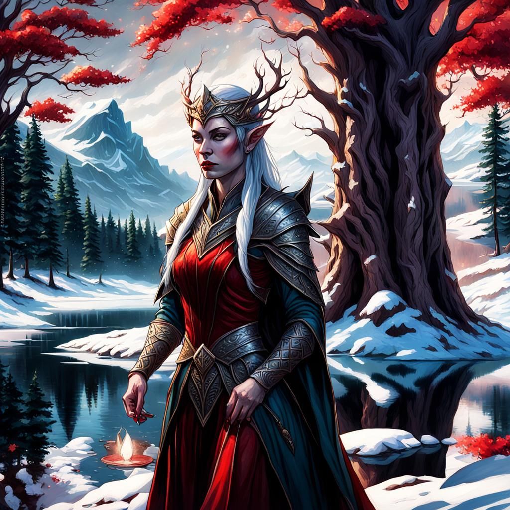 Elven Queen by Lake with Red Tree in 8K