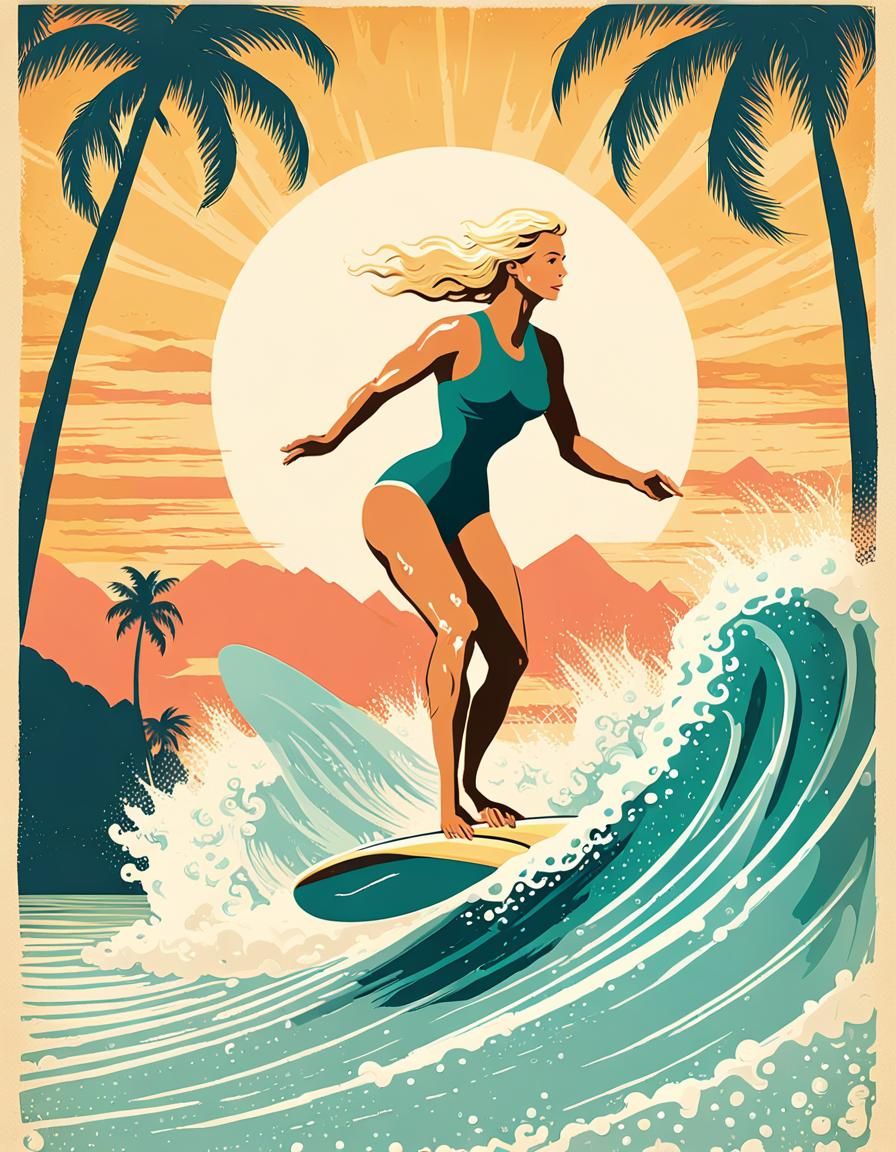 Vintage Travel Poster of Surfer Girl in Hawaii