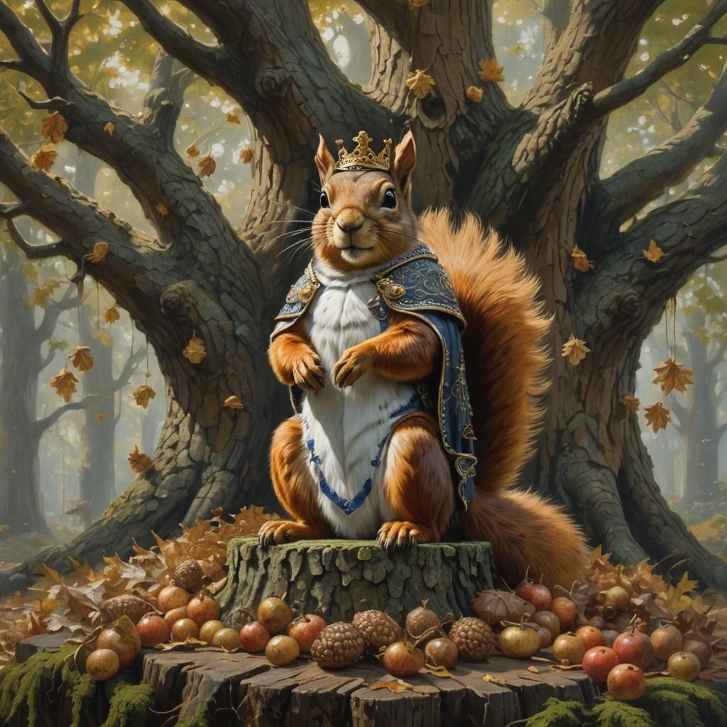 Squirrel King on Oak Throne: Detailed Matte Painting