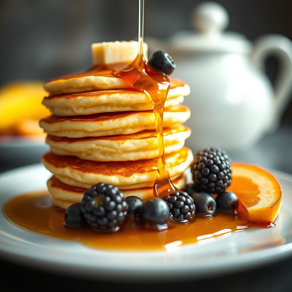Glowing Golden Pancakes with Cascading Syrup: Food Photograp...