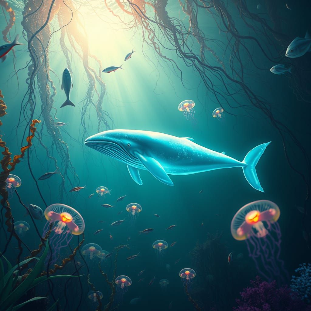 Whale in Mystical Ocean Scene, Sci-Fi Art Style