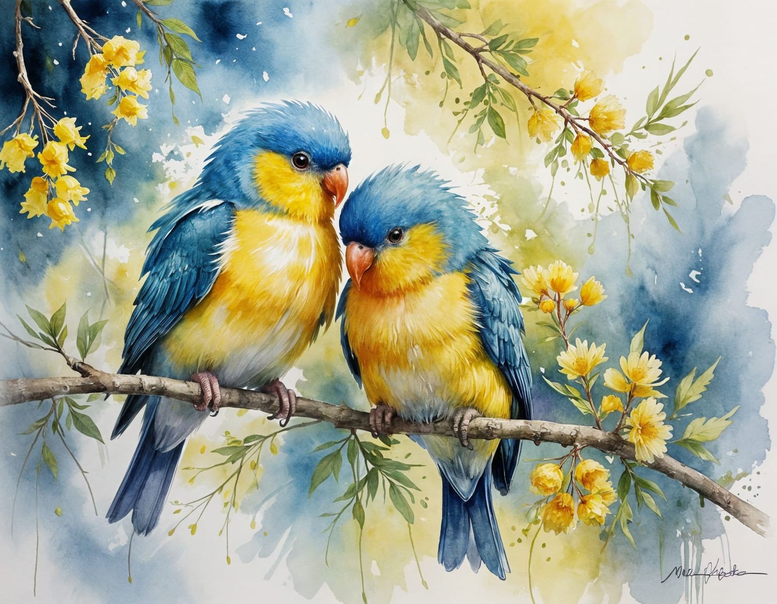 Impressionist Lovebirds on Mimosa Branch Watercolour Paintin...