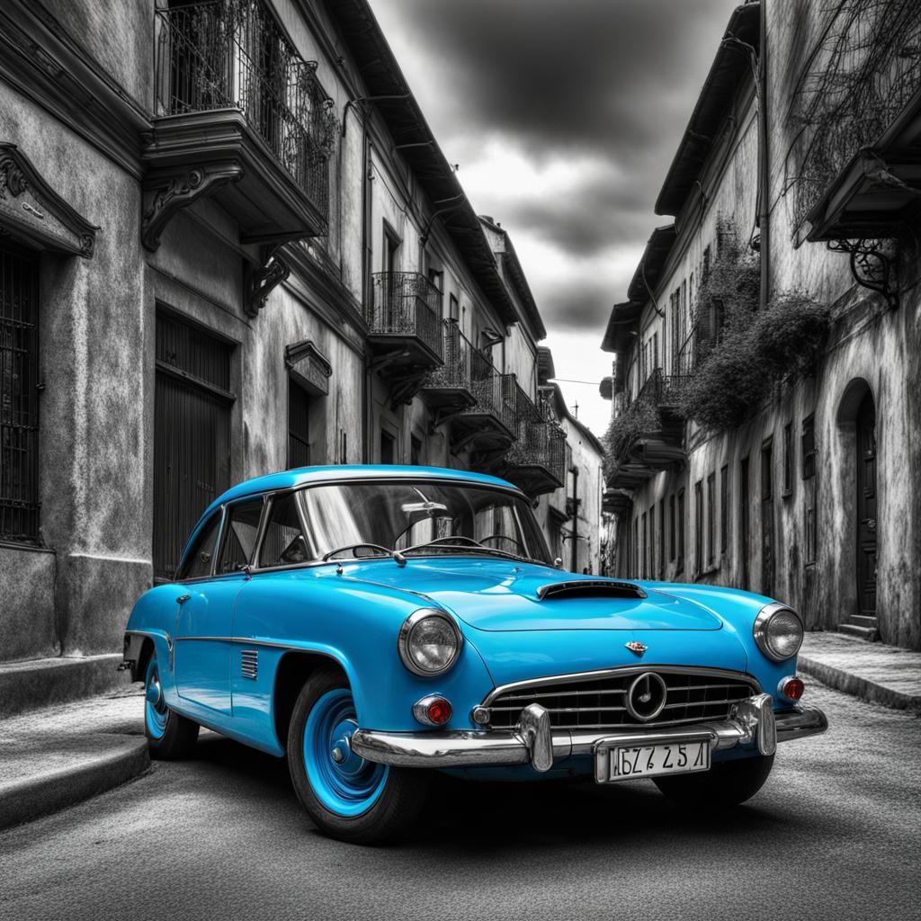 Selective Color Blue Car in Hyperrealistic HDR