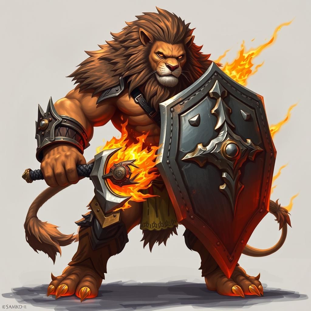 Lion Barbarian Ready for Battle with Fiery Sword