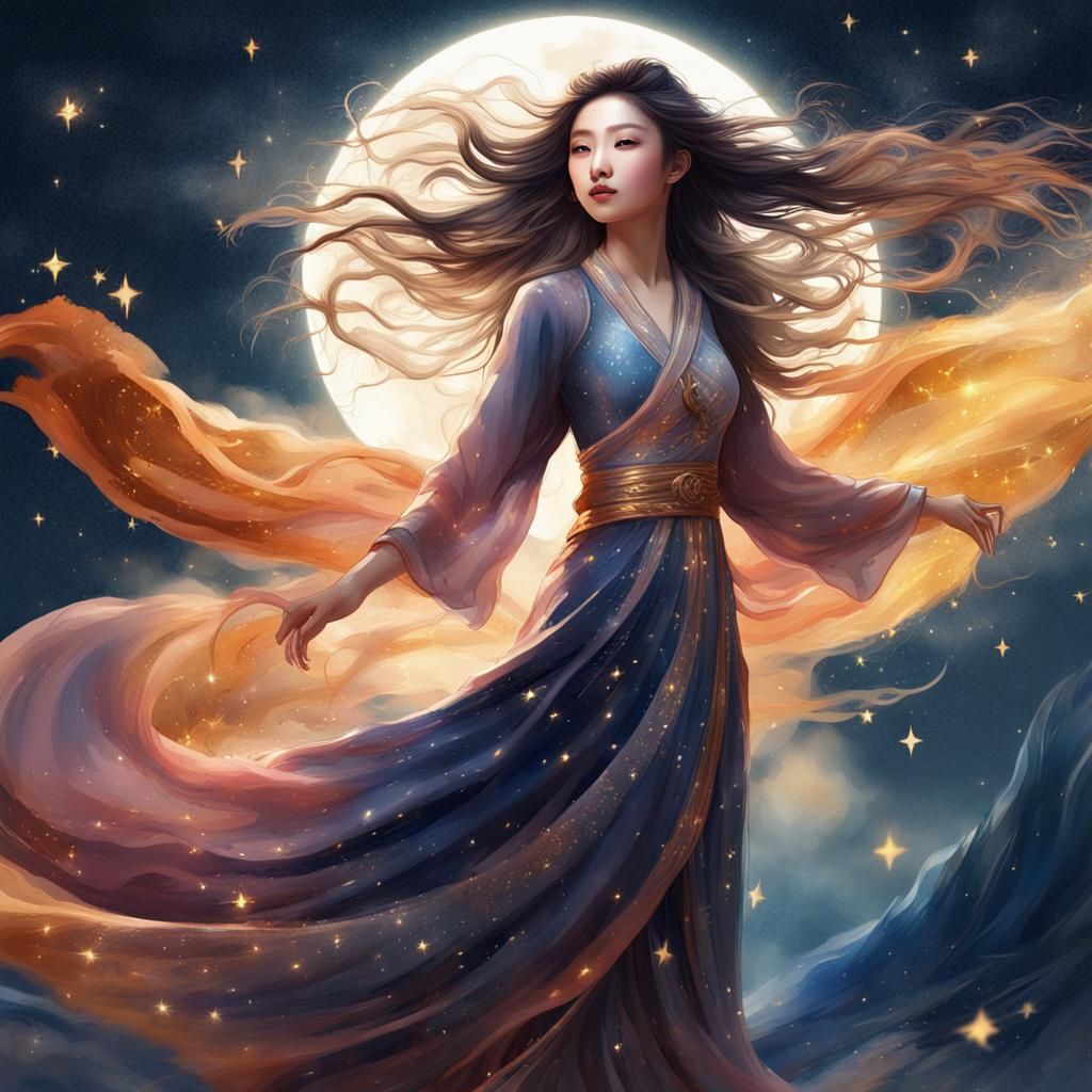 Asian Woman Flowing in Wind, Watercolor Painting