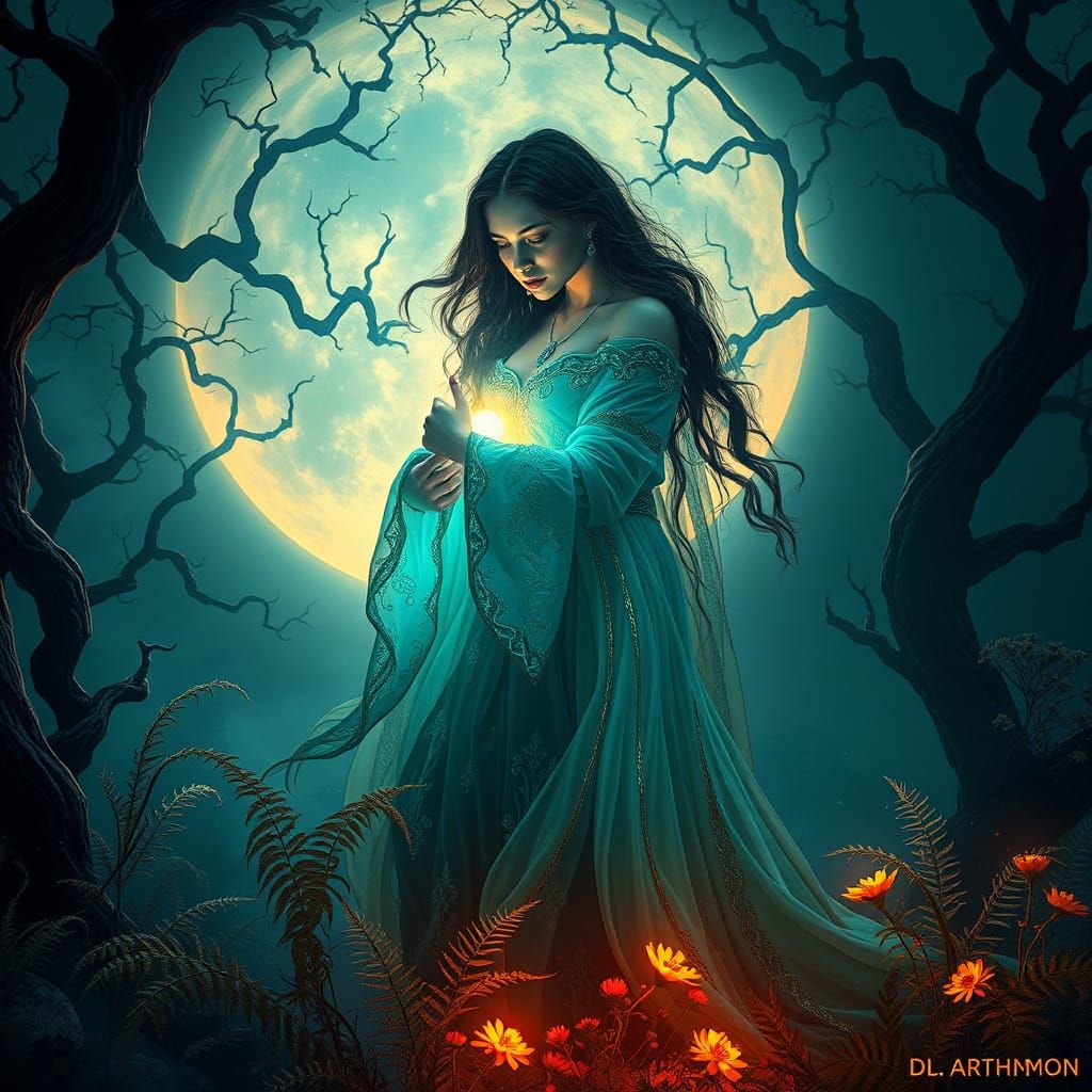 Mystical Woman Embraces Ethereal Spirit Under Moonlit Forest