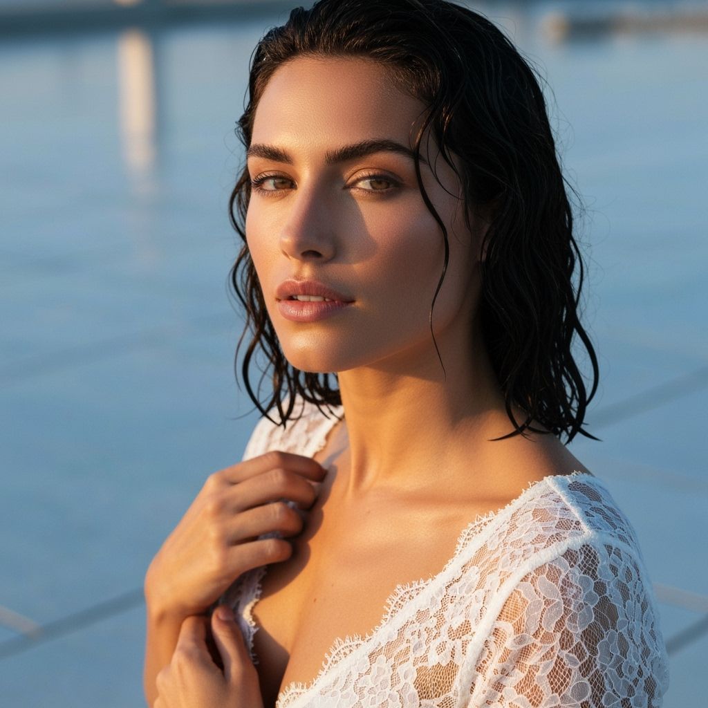 Woman in White Lace Top with Wet Hair, Golden Hour